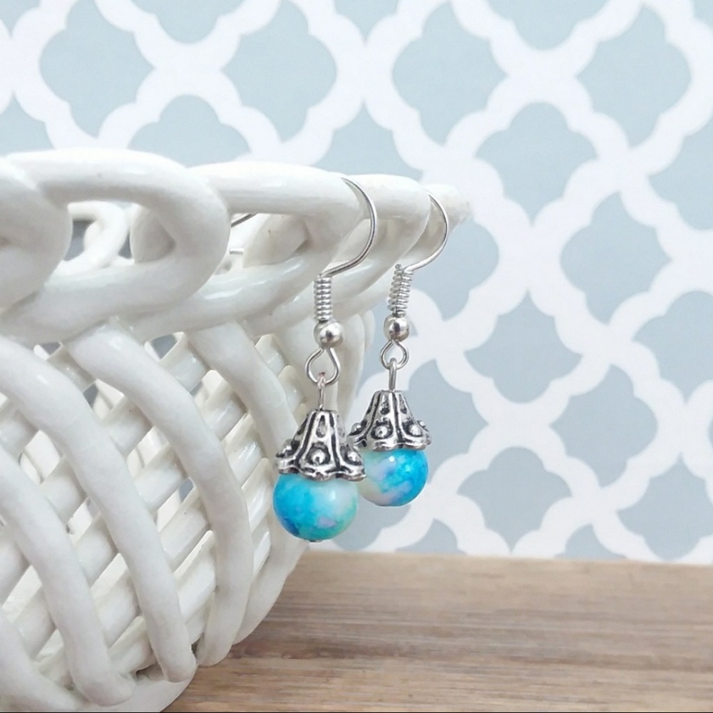Blue Tie Dye Bead Silver Tone Hook Earrings